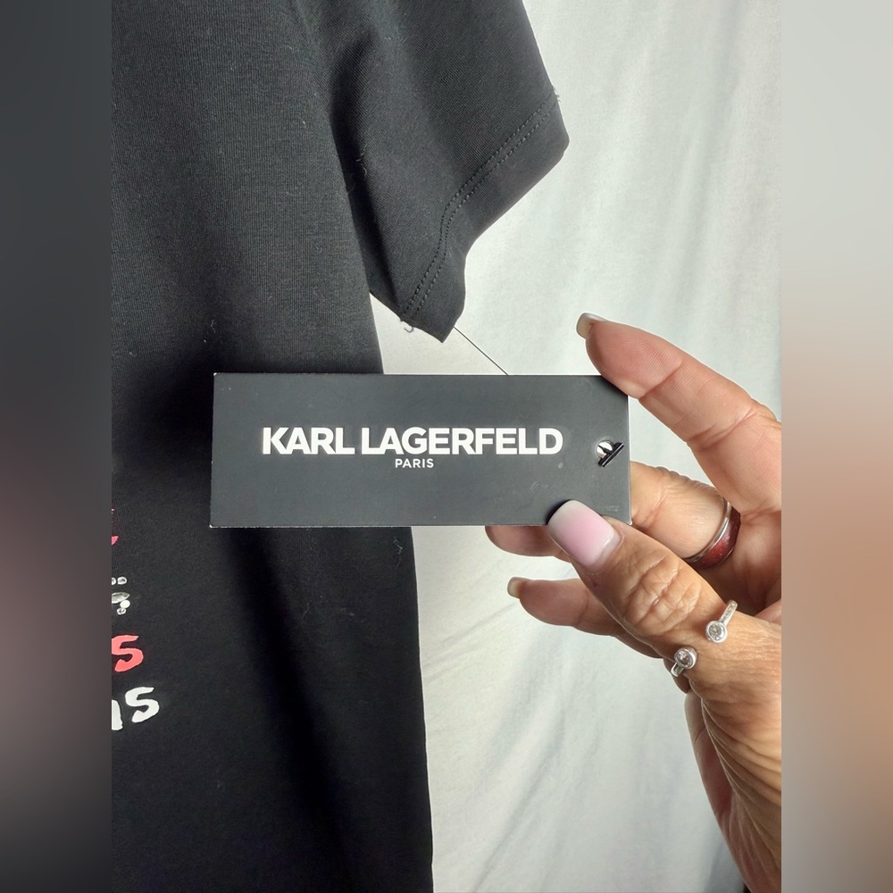 Karl Lagerfeld Black Graphic T-Shirt W/ Colorful Logo & Rhinestones Size Med NWT - Picture 7 of 11